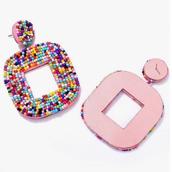 Oversized Multicolored Beads Dangle Post Earrings New Colorful Bohemian - Picture 4 of 6